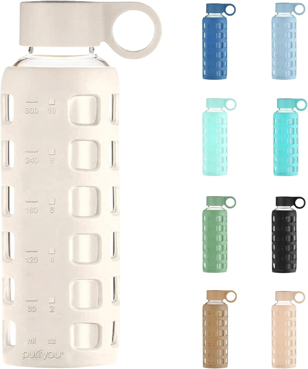 purifyou 40oz / 32oz / 22oz / 12oz Borosilicate Glass Water Bottle with Time & Volume Markers, Silicone Sleeve, Stainless Steel Lid | Reusable Glass Bottle for Water & Juice (12oz Pearled Ivory)
