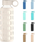 purifyou 40oz / 32oz / 22oz / 12oz Borosilicate Glass Water Bottle with Time & Volume Markers, Silicone Sleeve, Stainless Steel Lid | Reusable Glass Bottle for Water & Juice (12oz Pearled Ivory)