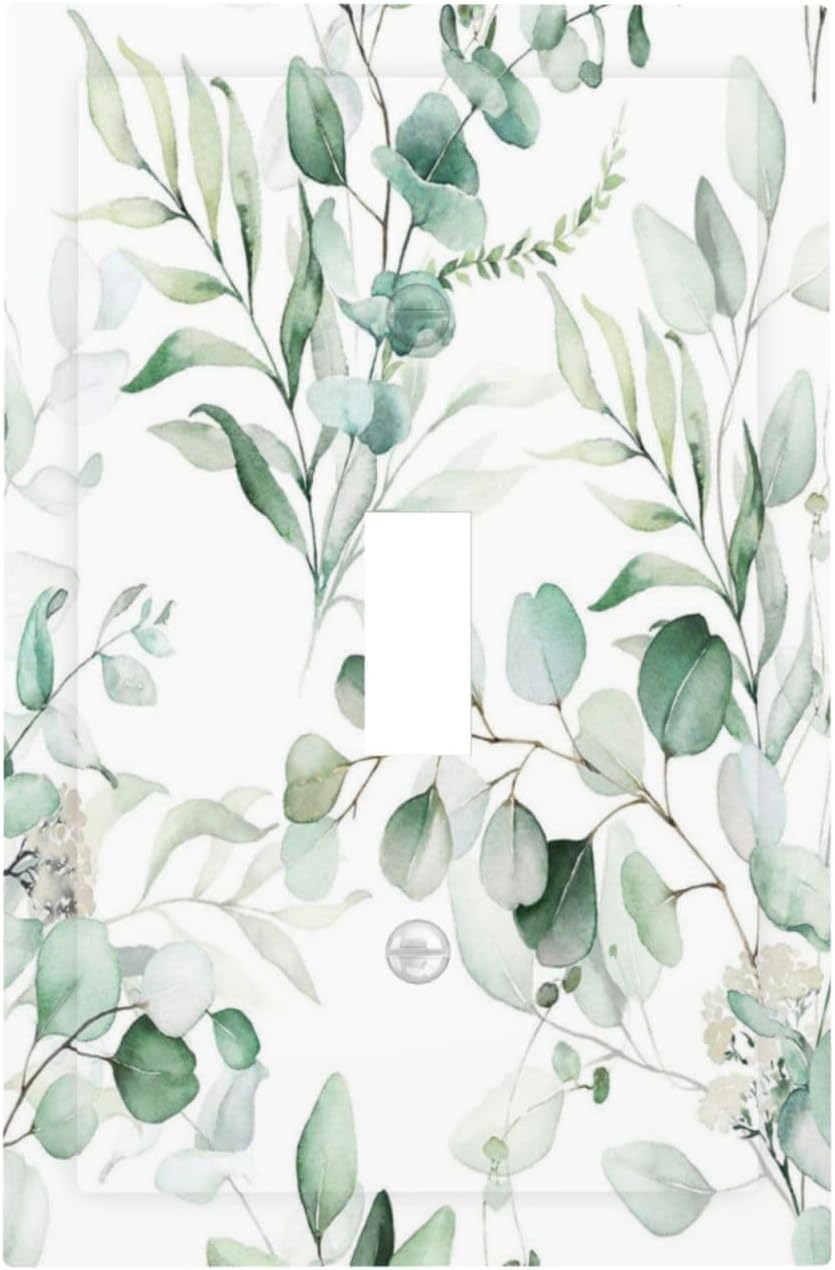 Boho Green Eucalyptus Leaf Floral Plants Flowers Decorative Light Switch Cover 1 Gang Single Toggle Device Electrical Faceplate Switchplates Decorator Outlet Wall Plate for Bed Room Living Room Decor