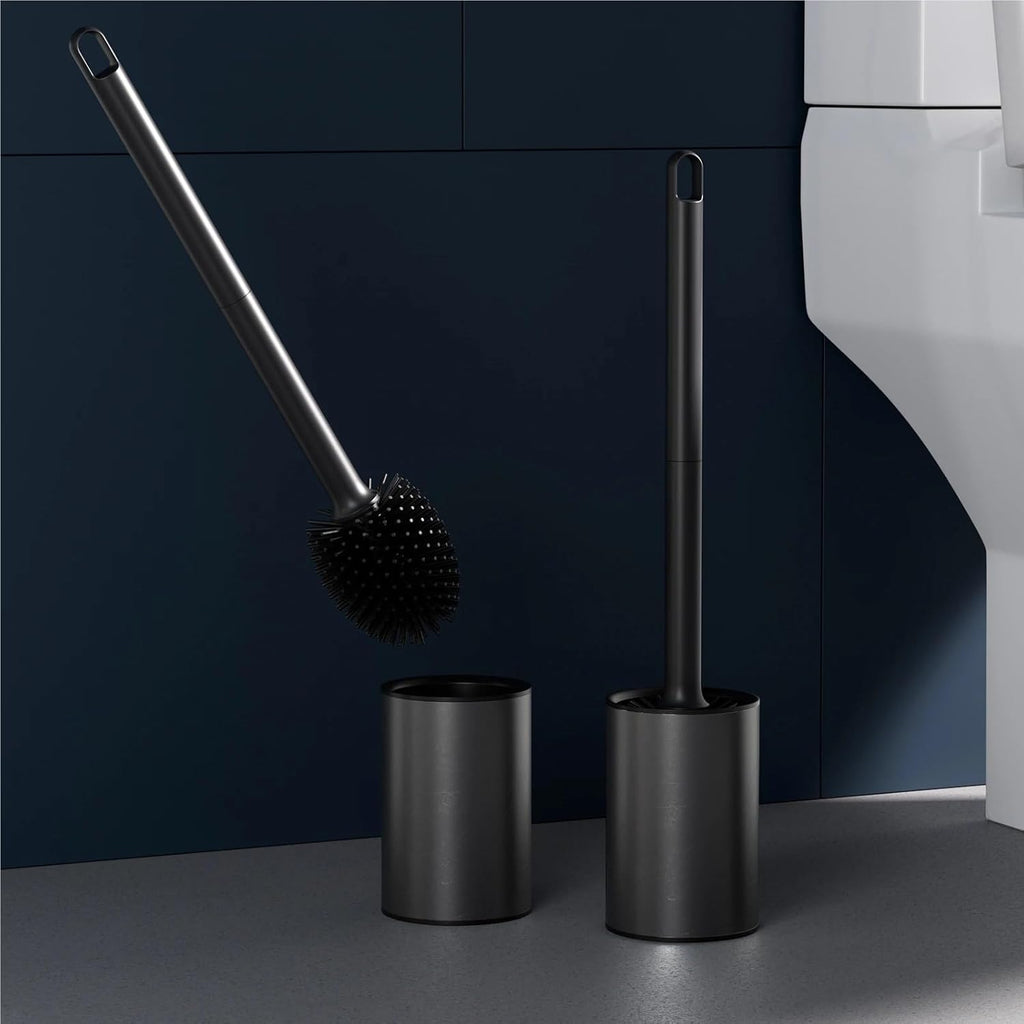 Smart Stainless Steel Black Toilet Brush Holder Standing Long Handle Cleaning Soft TPR Silicone Head