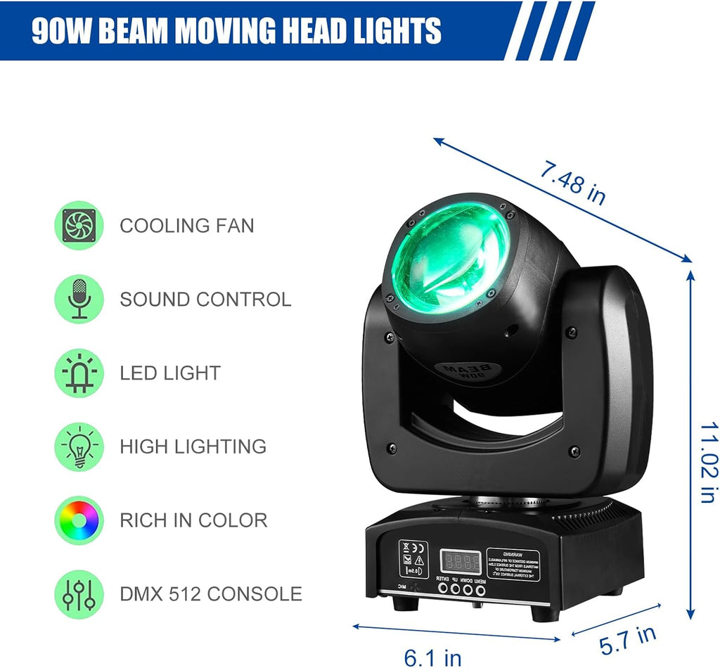 90W LED Moving Head DJ Lights Mini Beam Stage Lights Super Bright Spot RGBW 4IN1 DMX 512 13CH Sound-Activated for Wedding DJ Party Stage Lighting (90W, 2)
