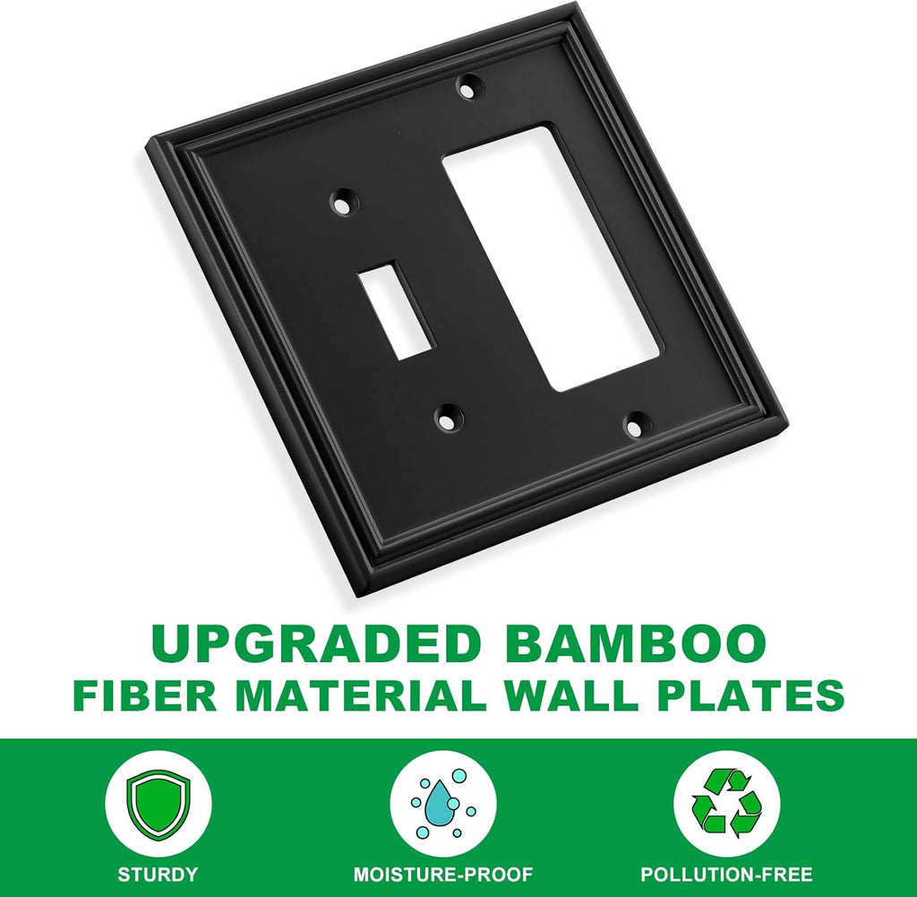 Black Modern Decorative Wall Plate Light Switch Cover Decorator Outlet Covers Rocker Switch Plates Bamboo Fiber Material Wall Plates for Kitchen Bathroom (2 Gang Toggle/Decorator-2 Pack)