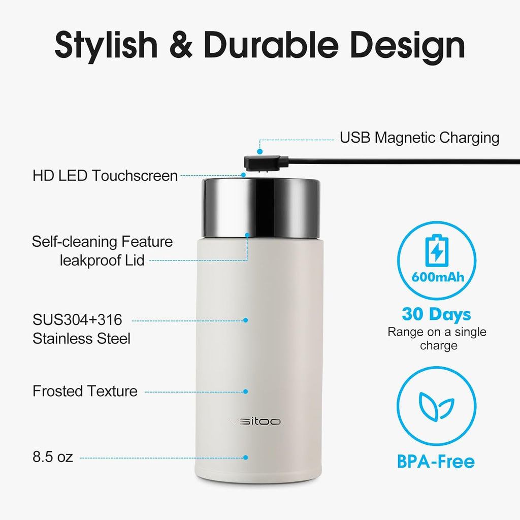 Vsitoo Smart self cleaning Insulated Water Bottle, 8.5oz Stainless Steel Vacuum Flask, AI Self-Clean, 30-Day Battery Life, BPA-Free, Magnetic Charging, Portable Travel Mug Gifts for Men Women, White