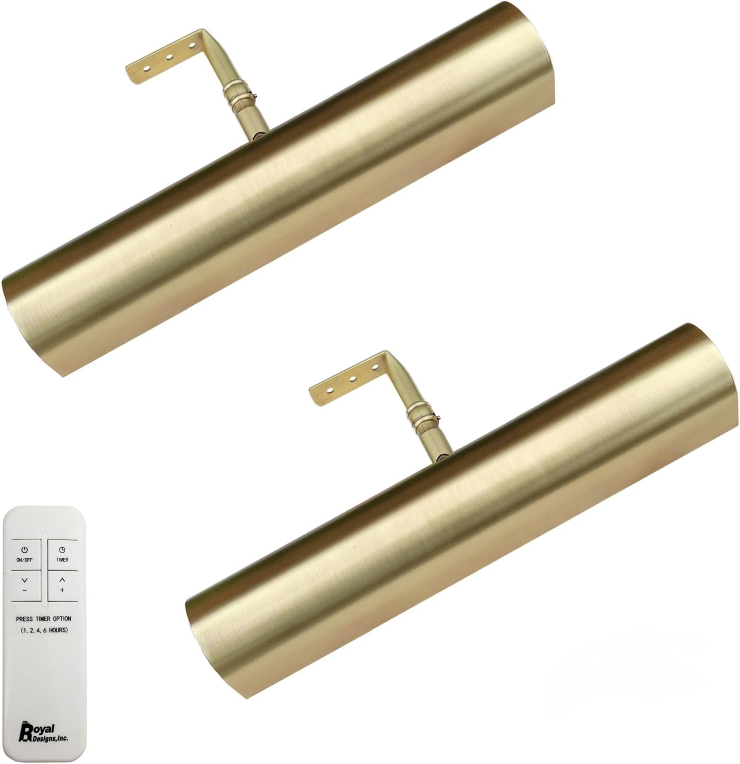 Royal Designs, Inc. Cordless Remote Control LED Picture Light, Dimmable with Timer Function, Brushed Satin Brass, 10.75 Inches, 2 Pack