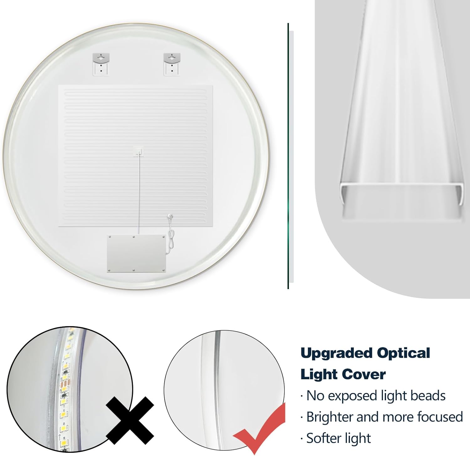 Niccy Round Led Mirror for Bathroom, 40" Circle Frameless Backlit Mirror wiht Light, Anti-Fog, 3 Colors, Waterproof, Memory Function