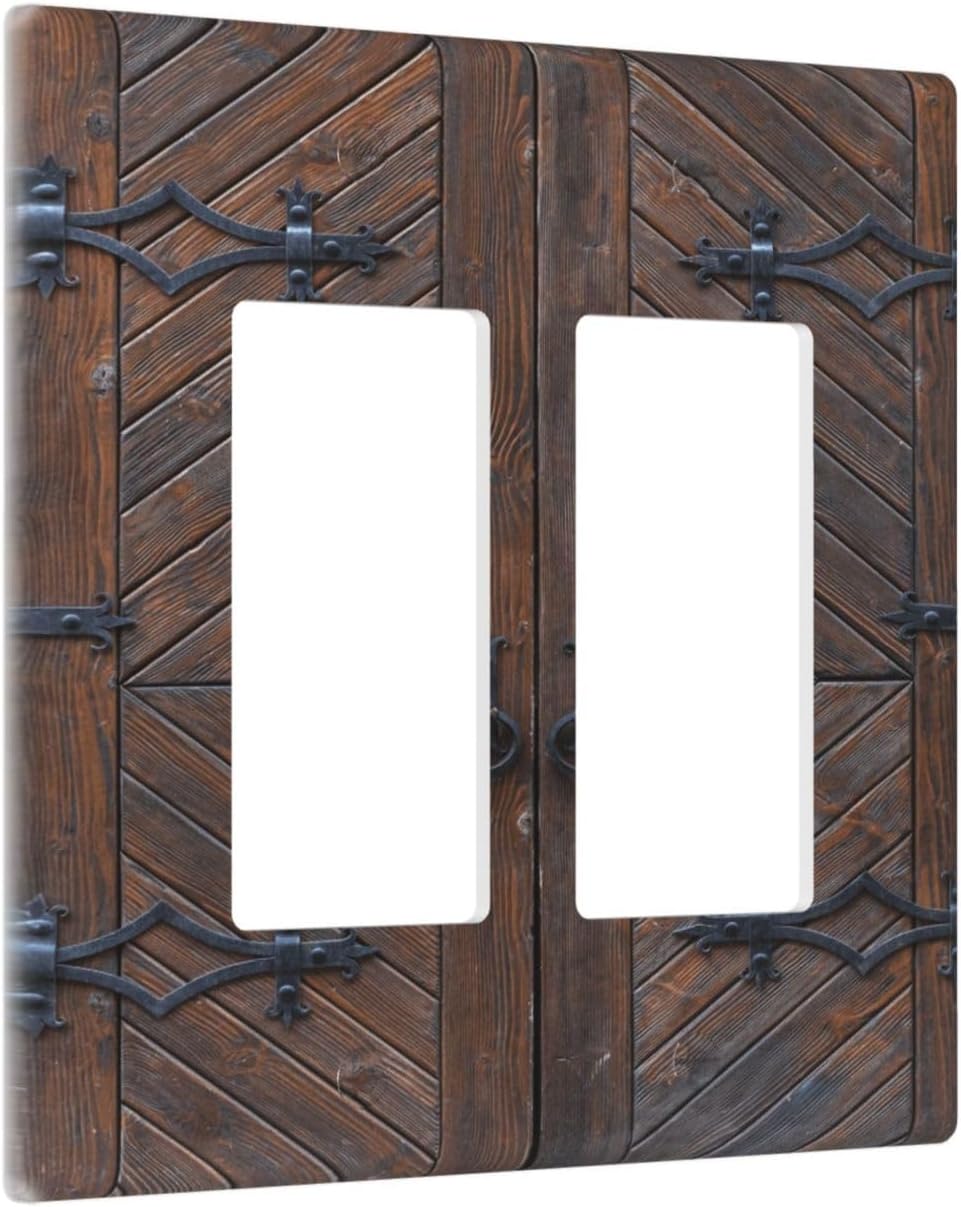 Decorative Outlet Covers Vintage Brown Wood Barn Door 2 Gang Light Switch Cover Plate Double Rocker Wall Plate Switch Plate Covers Faceplate for Farmhouse Home Decor （2 Pack）