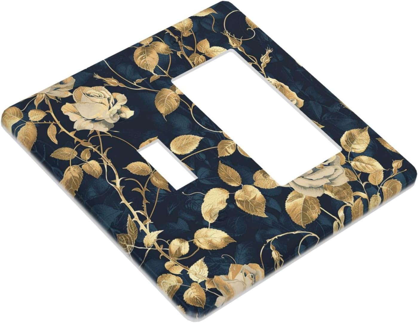 Outlet Covers Boho Vintage Floral Golden Flower Dark Blue Background 1 Toggle 1 Rocker Combination Decorative Wall Plate Electrical Switch Plates Light Switch Cover Plate for Bedroom