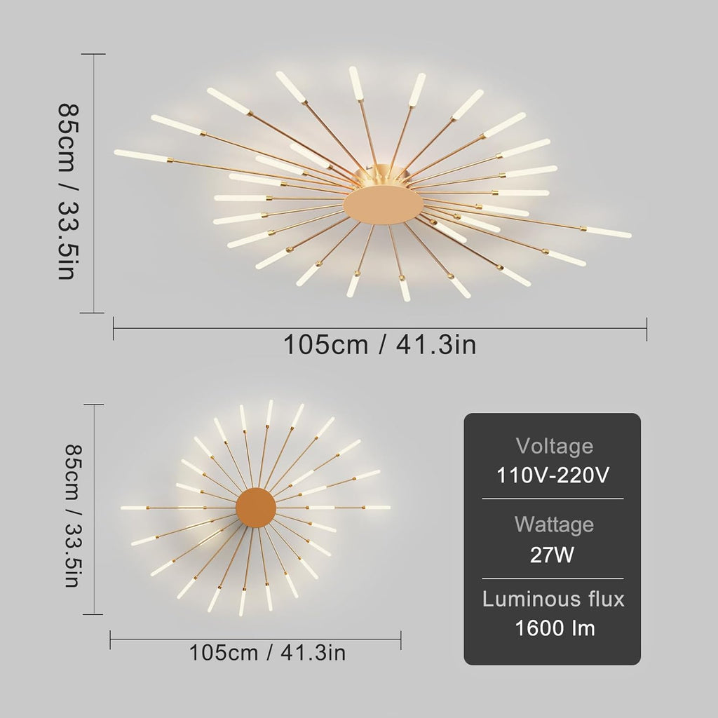 Modern Ceiling Light Flower Shape, Metal Firework Ceiling Lamp with Plug-in LED Source, Lighting Fixture for Living Room Dining Room Bedroom, Natural Light