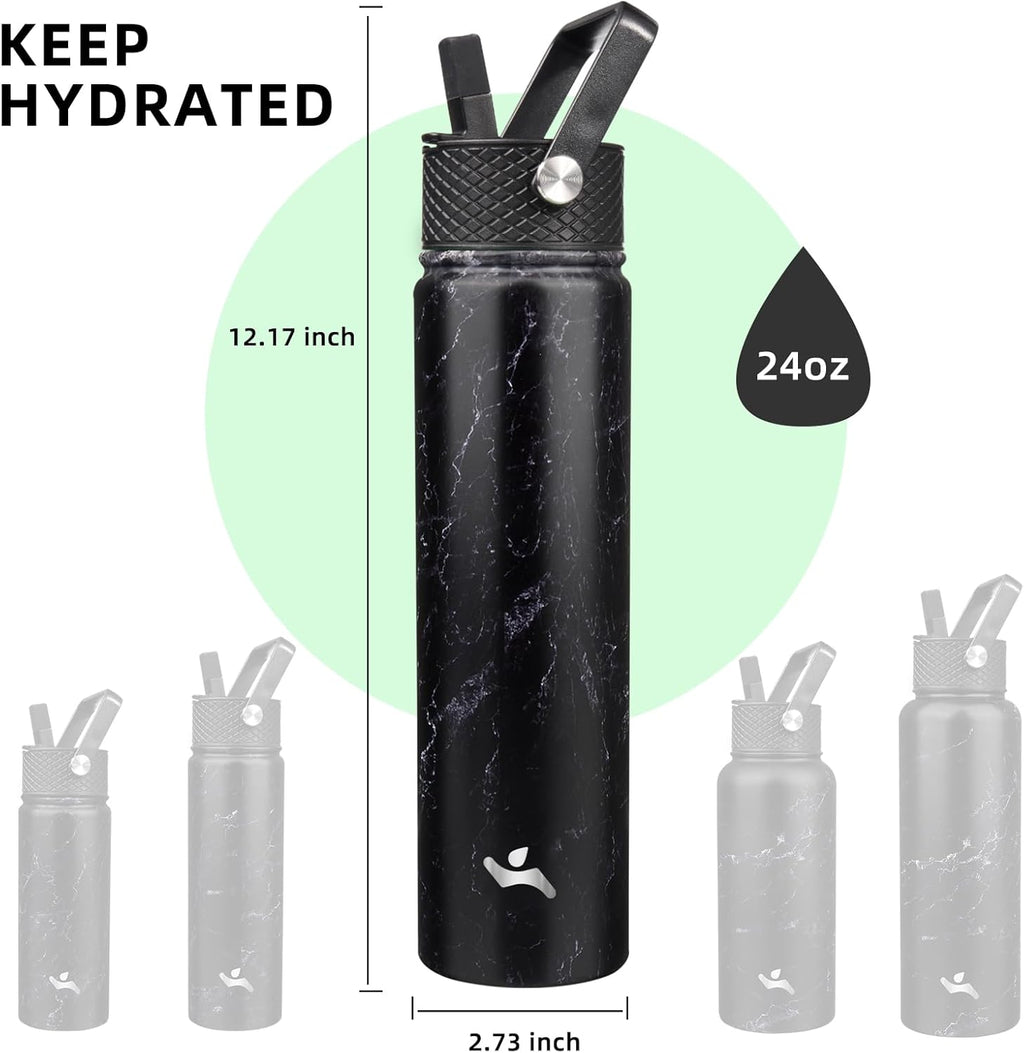 Insulated Water Bottle 24oz Stainless Steel Sport Bottles with 3 Lids,Marble Midnight