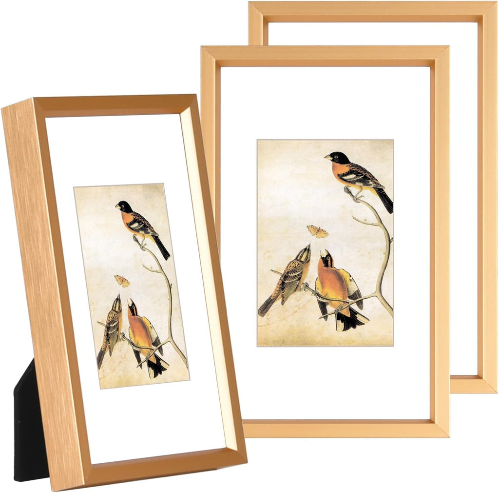 3x5 Picture Frame Set of 3, Gold Aluminum Metal Photo Frames with HD Glass, Fits 2x3 with Mat or 3 x 5 without Mat, Display for Wall and Table