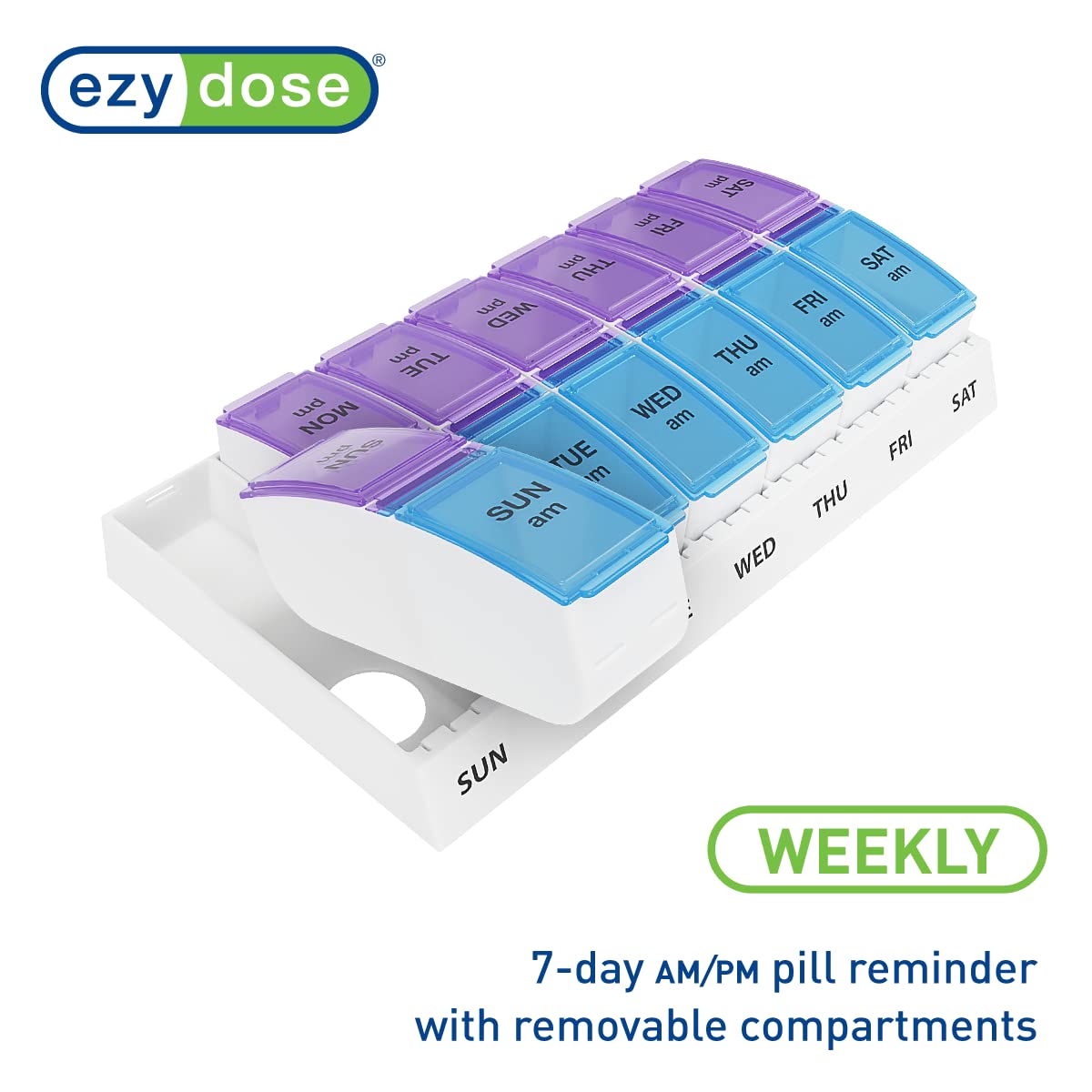 EZY DOSE Weekly AM/PM Pill Organizer, 7-Day Vitamin Container and Daily Medication Box with Large Pop-Out Compartments, 2 Times a Day Pill Holder, Blue and Purple Lids, Travel-Friendly Design