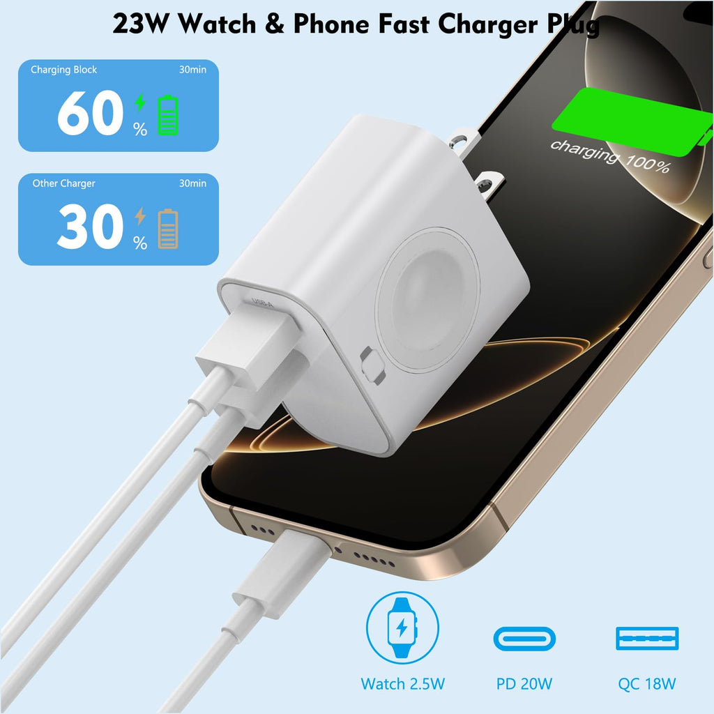 for Apple Watch Charger,Wireless Magnetic for Apple Watch Charging,2Pack 23W Dual Port(USB-C+USB-A)Fast Wall Charging Block Travel Plug iWatch Charger for iWatch 11/Ultra/SE/10/9/8/7/6,iPhone 17/16/15