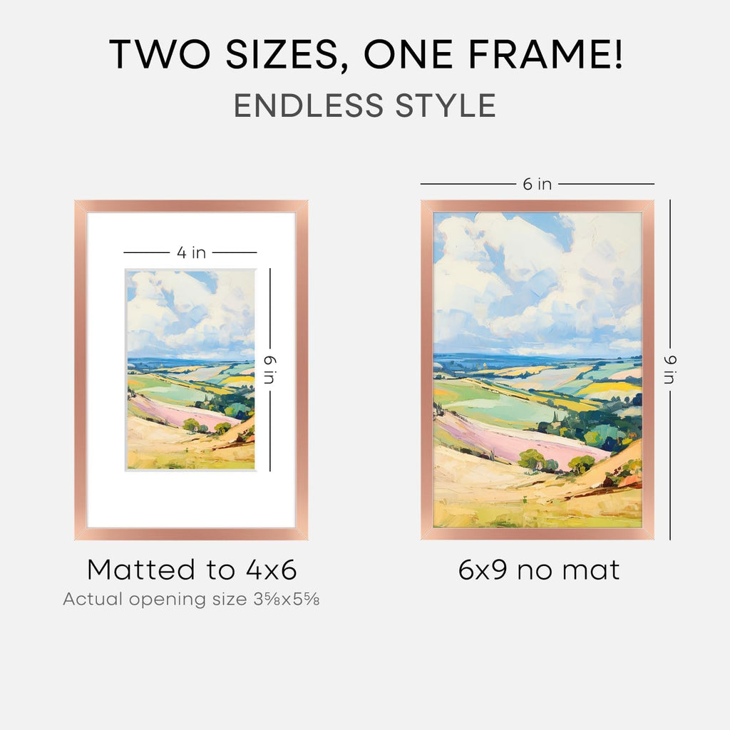 Homeforia Rose Gold 6x9 Picture Frame, High End Metal 6 x 9 Frames with Mat 4 x 6 for Print, 6by9 Desk Frame Matted to 4x6 inch Photo, 6 by 9 Wall or Tabletop Frame, Tempered Glass, Wall Kit, Set of 1