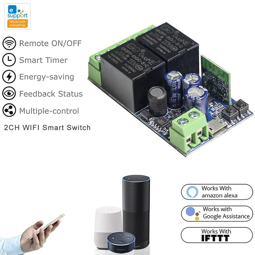 Ewelink WiFi Wireless Smart Relay Module USB 5v 2 Channel Momentary Toggle Latching 7V-48V Remote Switch Transmitter for Access Control, Garage Door,Home Automation, Compatible with Alexa Google Home