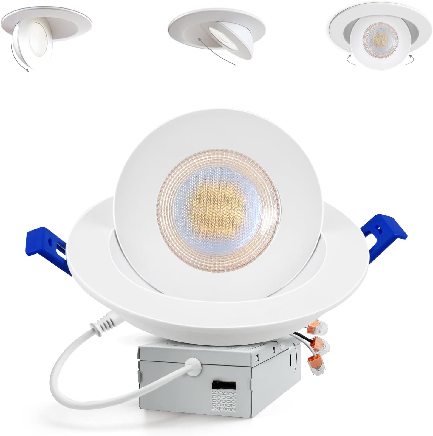 Adetu Led Recessed Lighting 6 inch, 360°+90° Adjustable Directional Gimbal 6 inch Led Recessed Light, 2700K-5000K 5CCT Dimmable Retrofit Eyeball Can Recessed Lights with Jbox, ET (White,1 Pack)