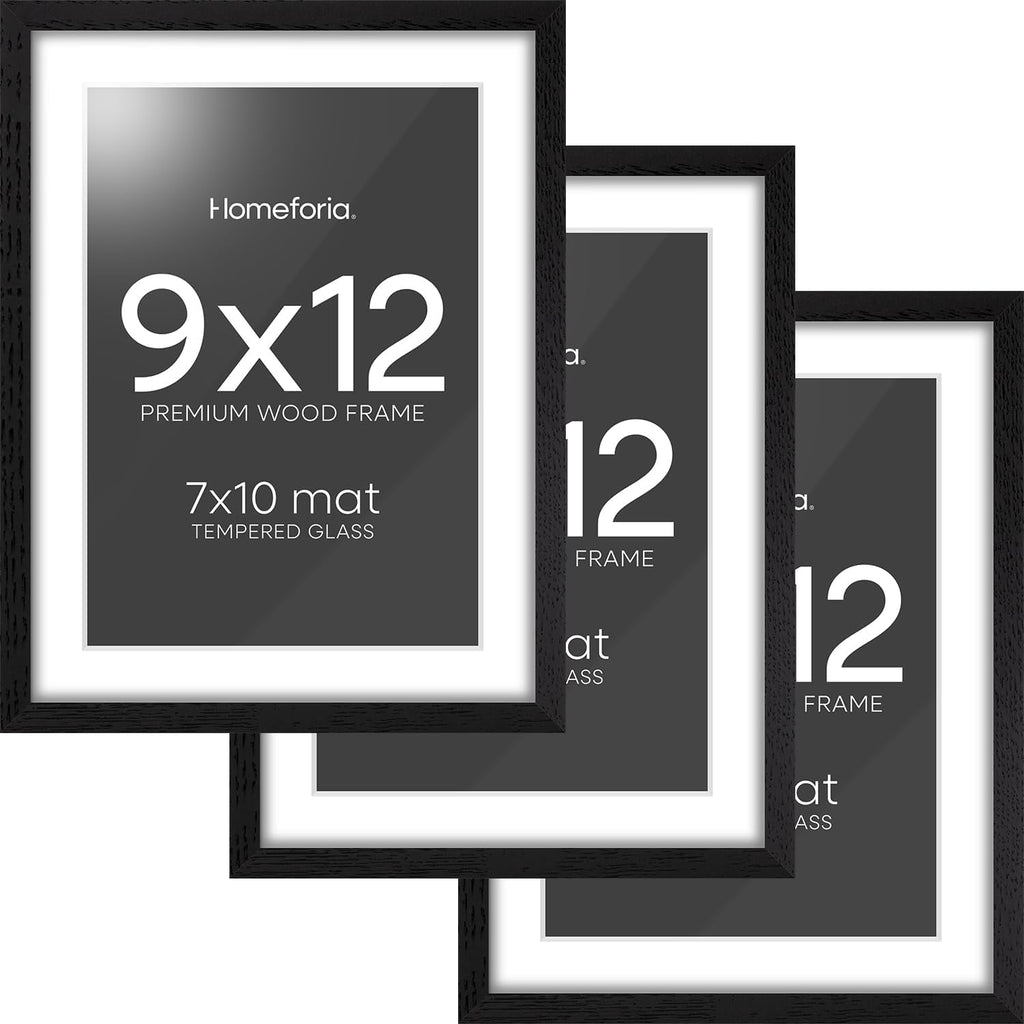 Homeforia 9x12 Black Wood Picture Frame, High End Oak 9 x 12 Frames with Mat 7 by 10 Art, 9by12 Black Wooden Frame Matted to 7x10 inch Photo, Wall or Tabletop Frame, Tempered Glass, Wall Kit, Set of 3