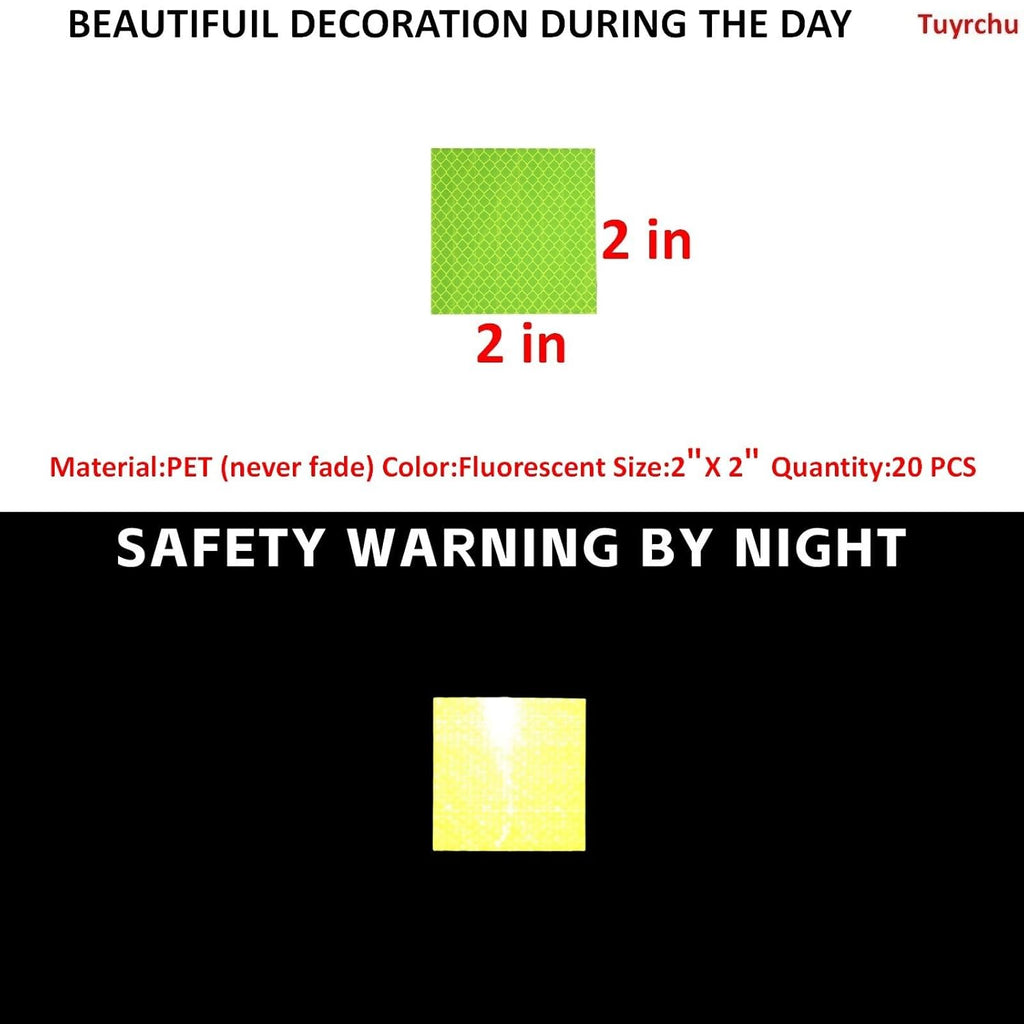 Non Fading Fluorescent Yellow Reflective Stickers 2 inch X 2 inch, Outdoor Waterproof High Visibility Safety Adhesive Reflector (20 Pcs)