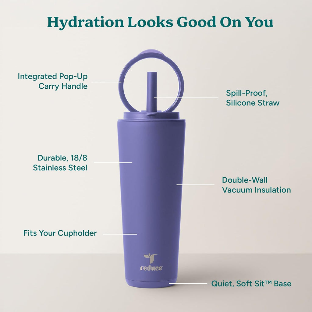 REDUCE Halo 24 oz Stainless Steel Vacuum Insulated Tumbler - Spill Proof Travel Mug with Flip Handle Lid - Keeps Drinks Cold for 32 Hrs - Dishwasher Safe - Cupholder Friendly - Future Dusk