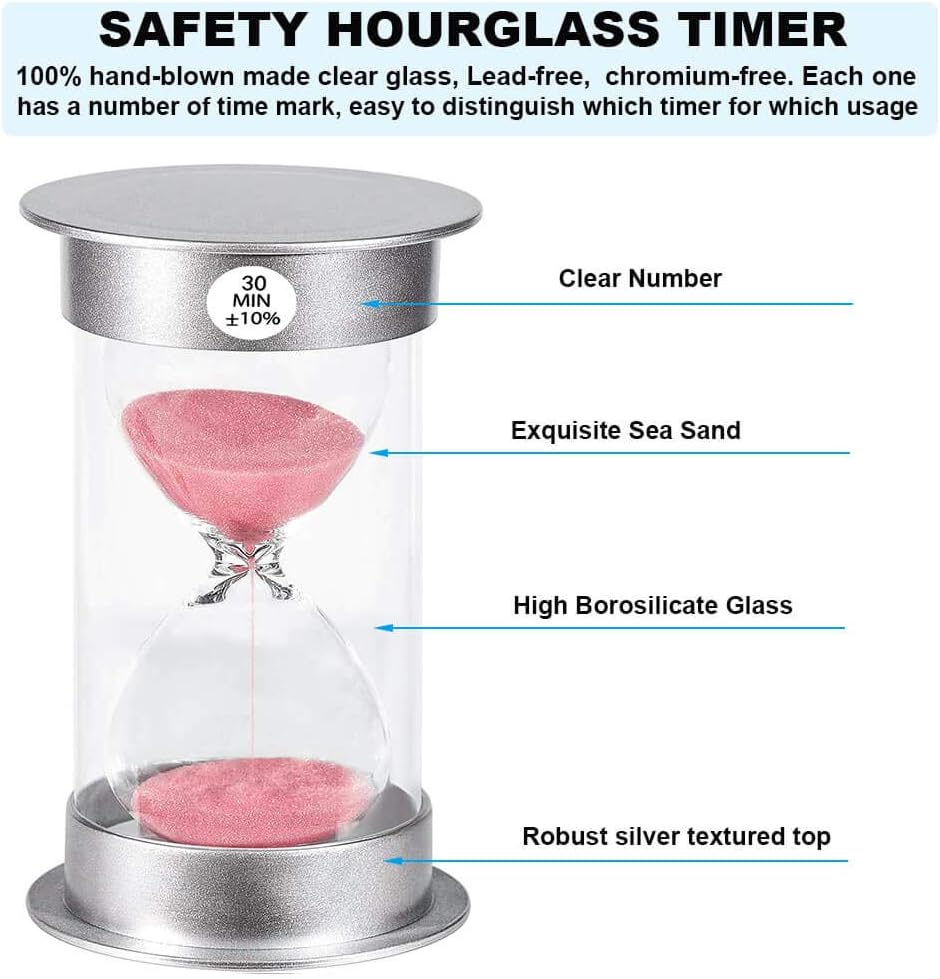 Hourglass Timer Sand Clock 30 Minute: Silver Plastic Sand Watch 30 Min, Hour Glass Sandglass Timer for Kids, Games, Classroom, Kitchen, Decoration (Pink Sand)
