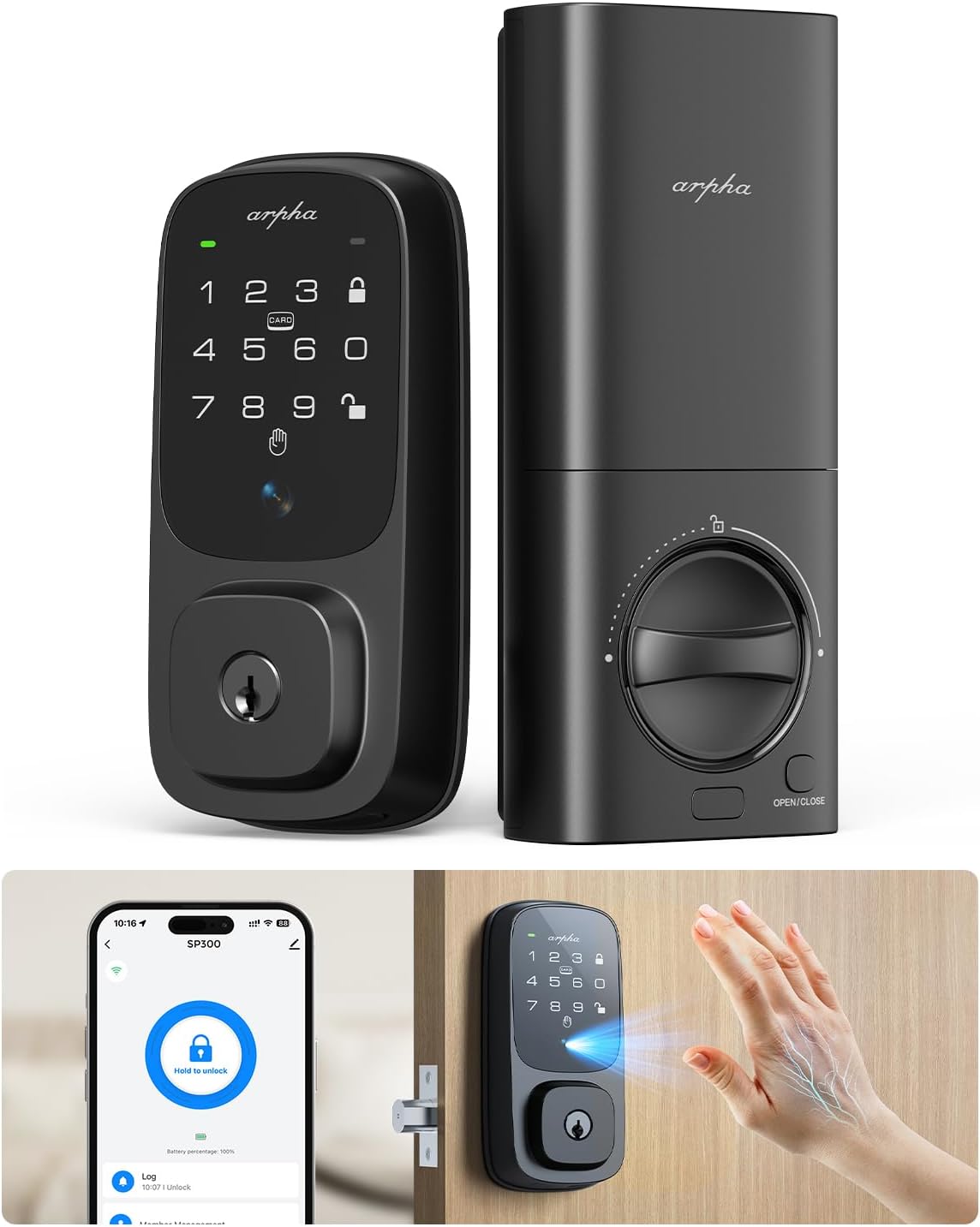 ARPHA Keyless Entry Door Lock, Palmar Vein Recognition Deadbolt with Handleset for Front Door, Built-in WiFi, Amazon Alexa, Google Assistant, App-Control, Voice Control, NFC