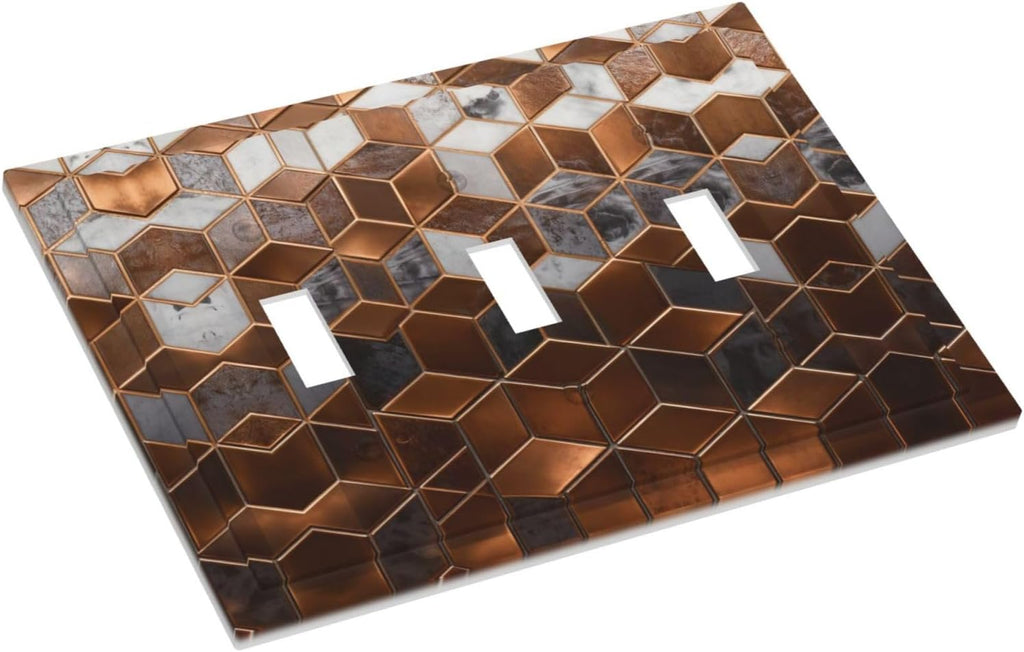 Brown Abstract Luxury Modern Geometric Cubic Marble 3 Gang Triple Toggle Decorative Light Switch Covers Electrical Faceplate Switch Plates for Bathroom Kitchen Home