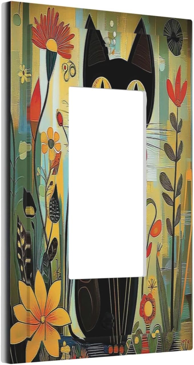 Funny Cat Retro Abstract Flowers Kitten Decorative Outlet Covers 1 Gang Single Rocker Light Switch Cover Plate Wall Plates Gfci Faceplate For Kids Room Bed Room Decor