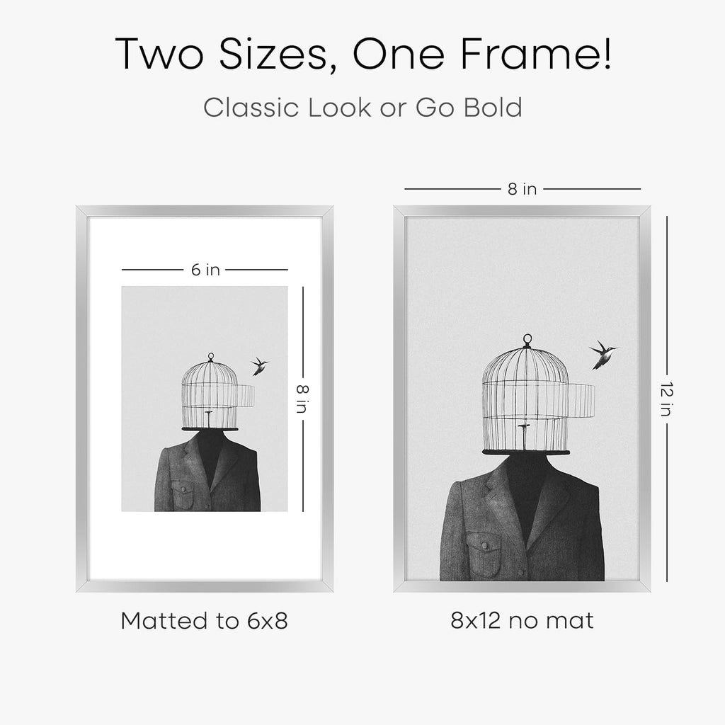 Homeforia Silver 8x12 Picture Frame, High End Metal 8 x 12 Poster Frames with Mat 6 by 8 for Photo, 12x8 Frame Matted to 6x8 inch Art, 8by12 Wall or Tabletop Frames, Tempered Glass, Wall Kit, Set of 3