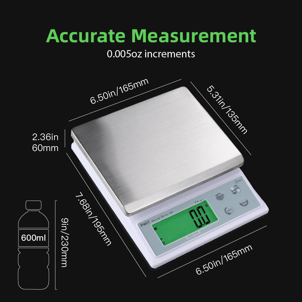 Polit Sun Lite IP65 Waterproof Baking Scale — 6.6lb/3kg Auto-Precision 0.1g/0.5g/1g Digital Kitchen Scale with Green LCD, Dual Power & Detachable Stainless Tray for Pastry, Seasoning & Daily Cooking