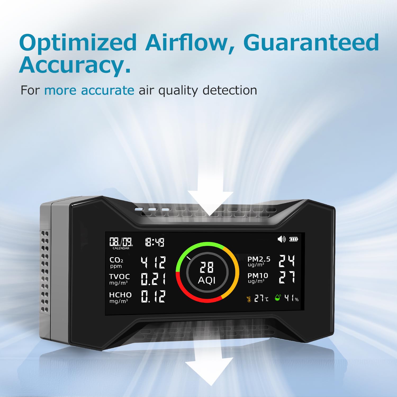 8-in-1 Air Quality Monitor Indoor, Portable Air Quality Tester CO2 Monitor (PM2.5, PM10, CO2, VOC, Formaldehyde, Humidity, Temp) 2600mAh Long-Lasting Battery Sleep-Friendly Display