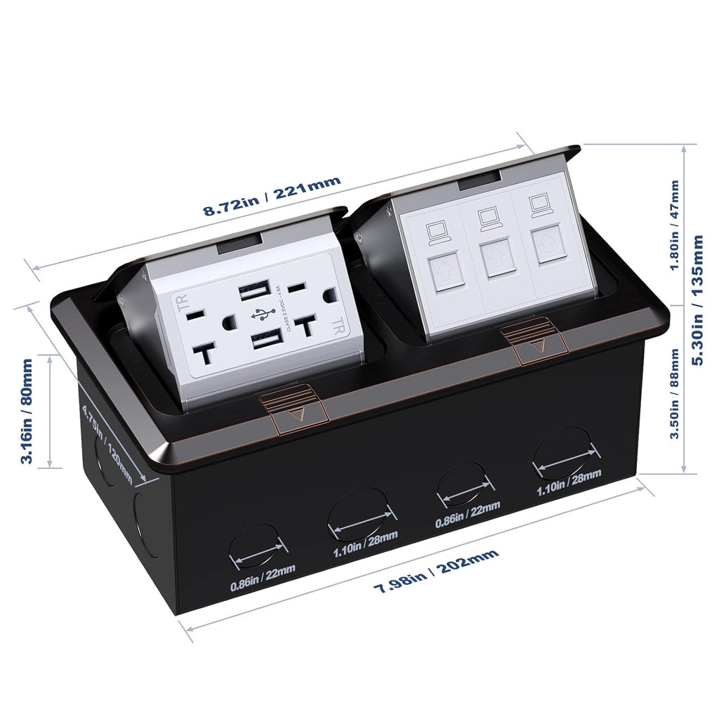 KYHSHJ Dual Pop-Up Floor Electrical Outlet Box Kit，20 Amp Stainless Steel USB TR Receptacle Outlet，3-Port RJ45 Datacom Receptacle，Oil Rubbed Bronze