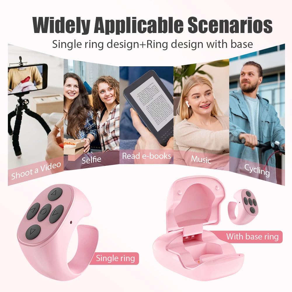 Fingertip Wireless Bluetooth Remote Control, 2026 New Bluetooth Ring Scroller Video Scrolling Ring Remote Control Page Turner (Pink)