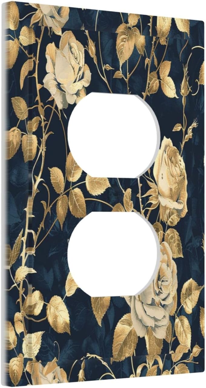 Outlet Covers Boho Vintage Floral Golden Flower Dark Blue Background 1 Gang Duplex Wall Plate Decorative Switch Plates Electrical Receptacle Faceplate Light Switch Cover for Bedroom