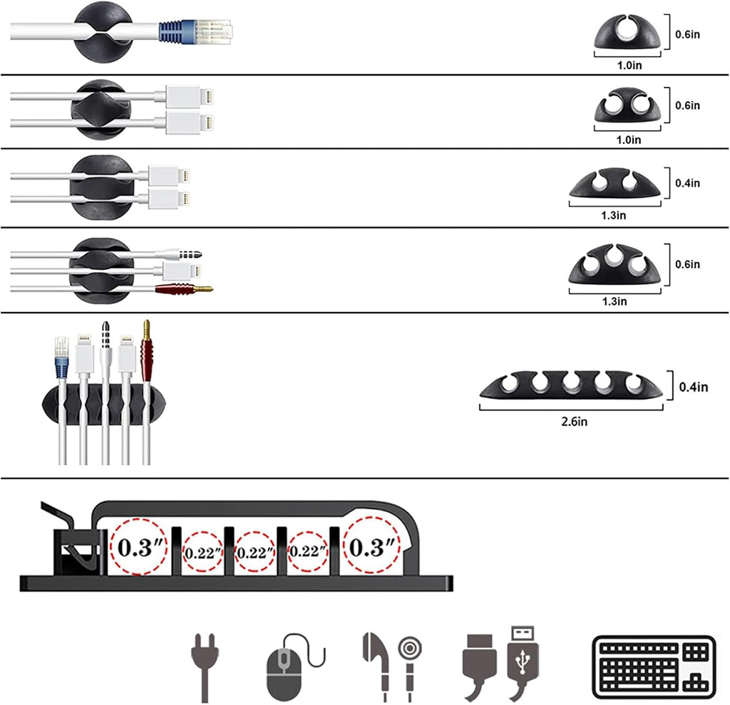 ELII 300PCS Cable Management Kit,4 Cable Sleeve 35 Cable Clips with 11Cord Holders,20 Roll Cable Organizer Straps and 200 Fastening Cable Ties,20 Cable Zip Tie Mounts for Computer TV Under Desk
