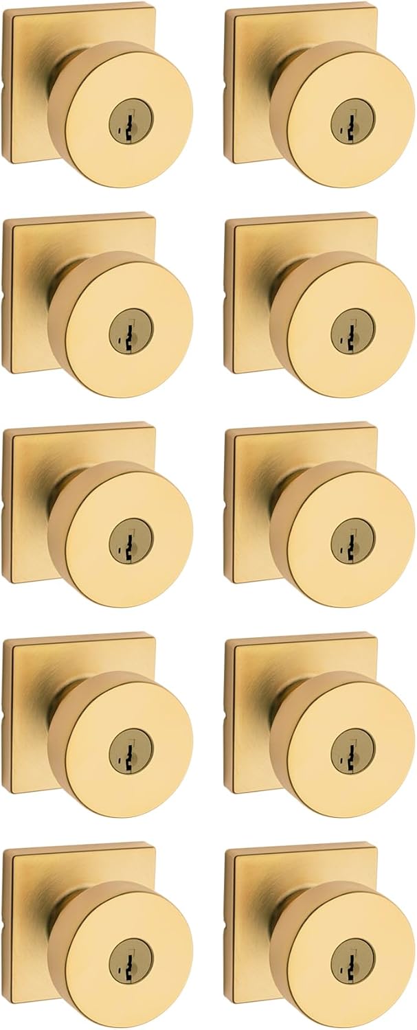 Kwikset Pismo Entry Door Knob with Lock and Key, Secure Keyed Handle Exterior, Front Entrance and Bedroom, Satin Brass, 10 Pack, Pick Resistant SmartKey Rekey Security