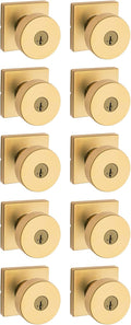 Kwikset Pismo Entry Door Knob with Lock and Key, Secure Keyed Handle Exterior, Front Entrance and Bedroom, Satin Brass, 10 Pack, Pick Resistant SmartKey Rekey Security