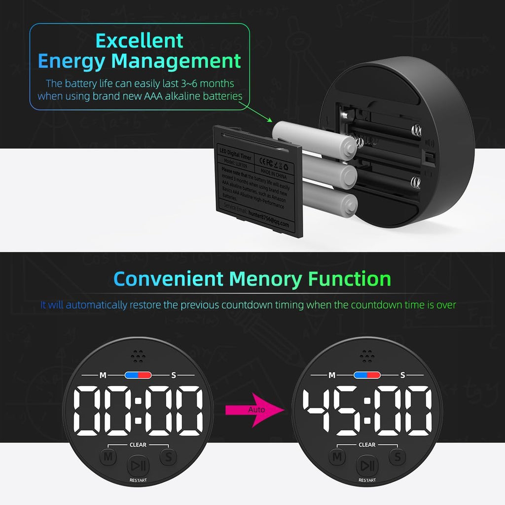 Visual Digital Timer for Kitchen, Classroom, Kids, Productivity, Magnetic Countdown Timer for Egg Cooking, Toddler, Focus, Work, Task, Small Desk Timer with Large LED Display, Super Loud Alarm - White