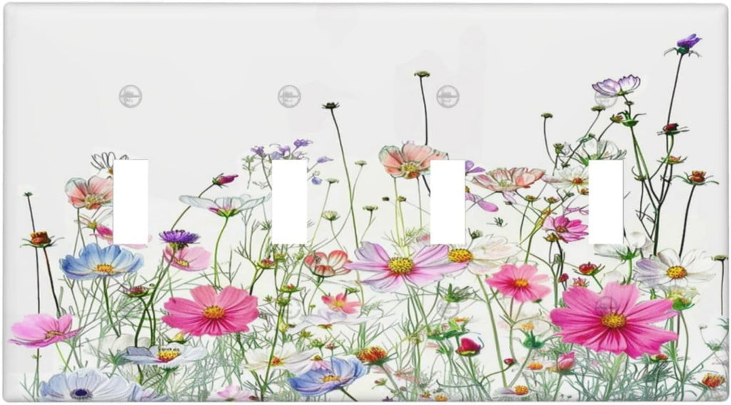 Light Switch Covers Boho Colorful Flowering Plant Wild Flower Quad Toggle Electrical Faceplate 4 Gang Wall Plate Decorative Switch Plates For Bed Room Living Room Decor