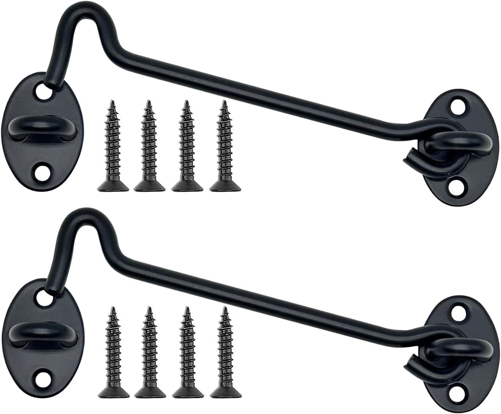 2-Pack 8Inch Door Lock Gate Latch Premium Stainless Steel Hook and Eye Gate Latch Cabin Hook with 16pcs Screws, Black