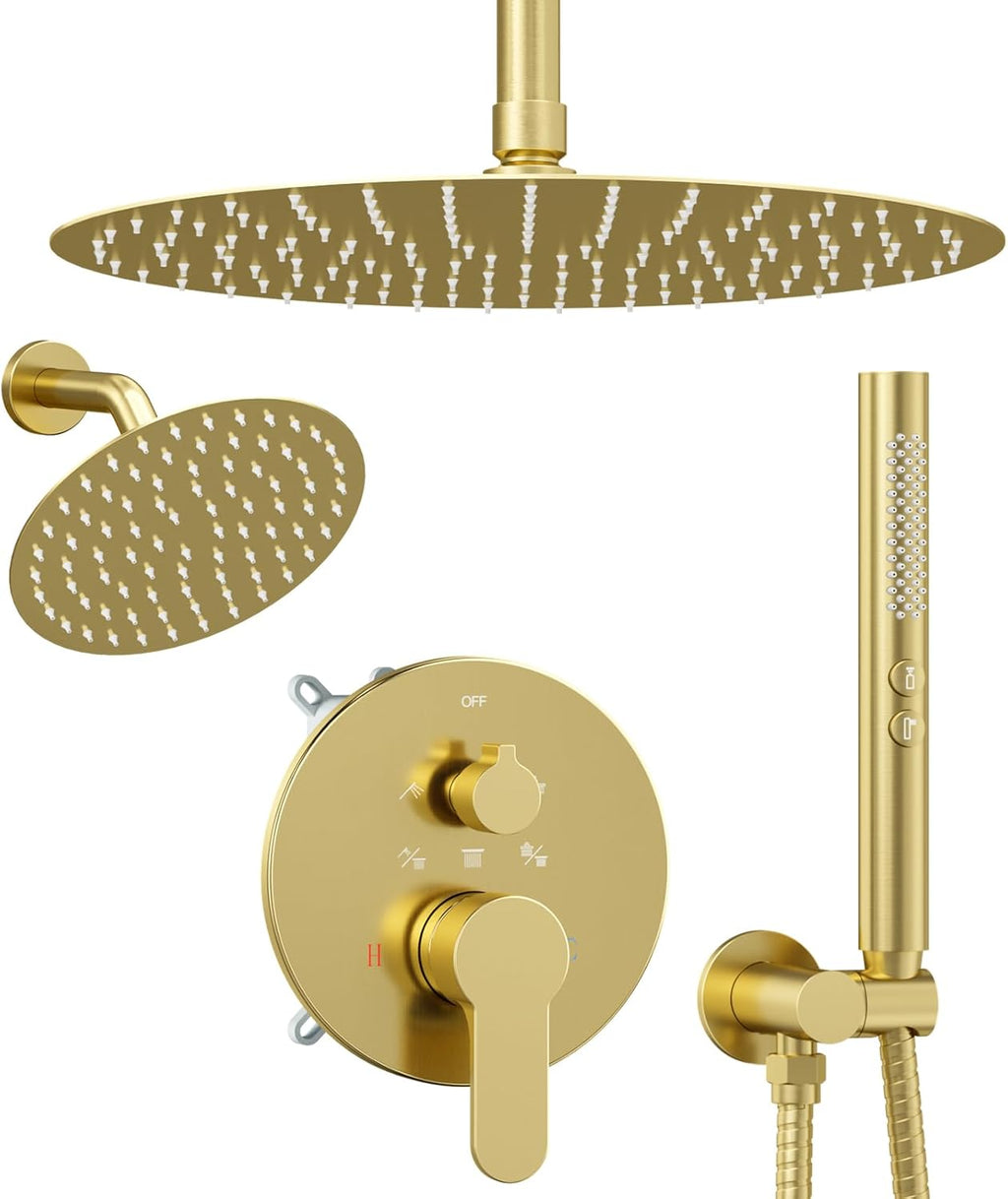 Shower Systems Shower Faucet Sets STARBATH 3 Way 12+6" Round Dual Rainfall Shower Head with Handheld Spray Combo, Ceiling Mounted Rain Shower Valve with 5 Diverter and Trim Kit Complete, Brushed Gold