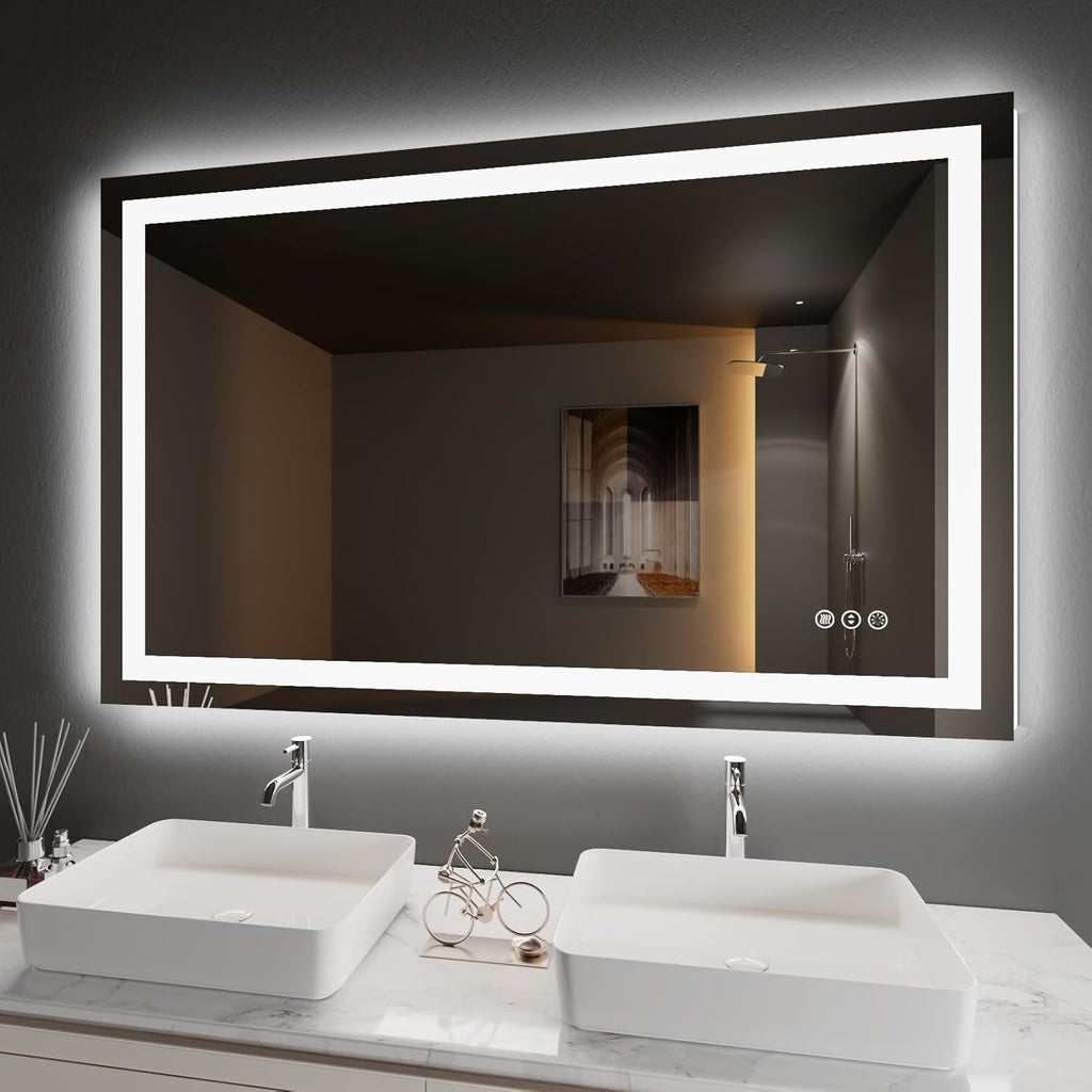 Amorho 50"X32" LED Bathroom Mirror, Front and Backlight Stepless Dimmable, Wall Mirrors with Defogger, Shatter-Proof, Memory, 3 Colors Lighting, Double LED Vanity Mirror, ETL Listed.