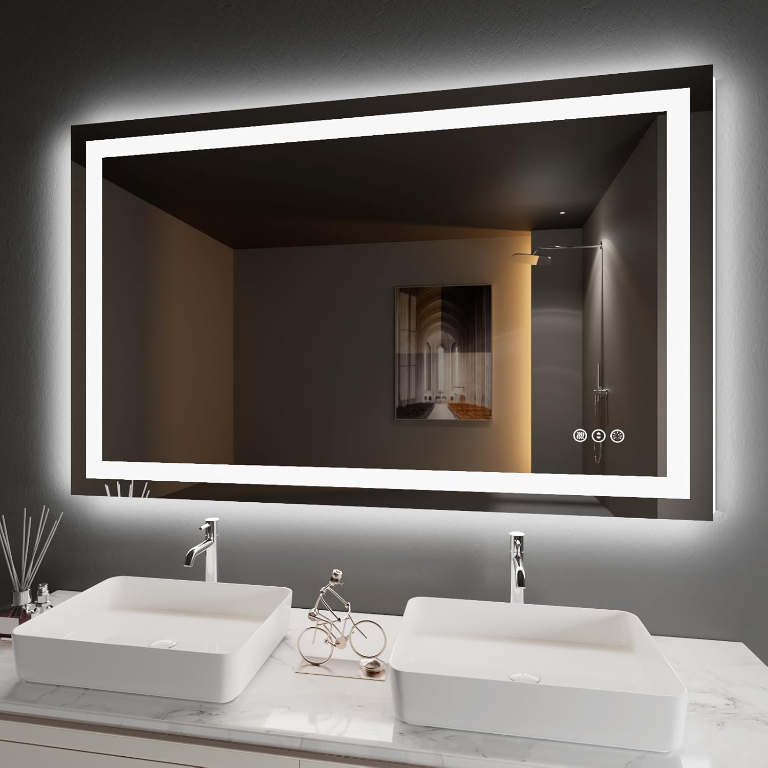 Amorho 50"X32" LED Bathroom Mirror, Front and Backlight Stepless Dimmable, Wall Mirrors with Defogger, Shatter-Proof, Memory, 3 Colors Lighting, Double LED Vanity Mirror, ETL Listed.