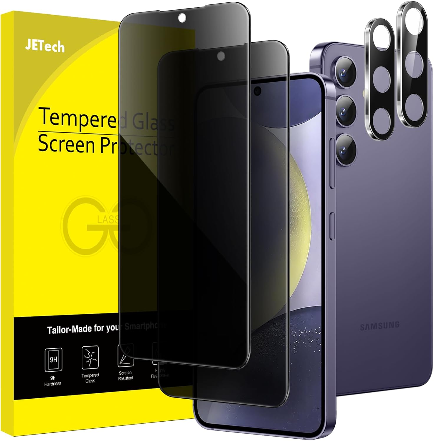 JETech Privacy Screen Protector for Samsung Galaxy S24+ / S24 Plus 5G 6.7-Inch with Camera Lens Protector, Anti-Spy Tempered Glass Film, Fingerprint ID Compatible, 2-Pack Each