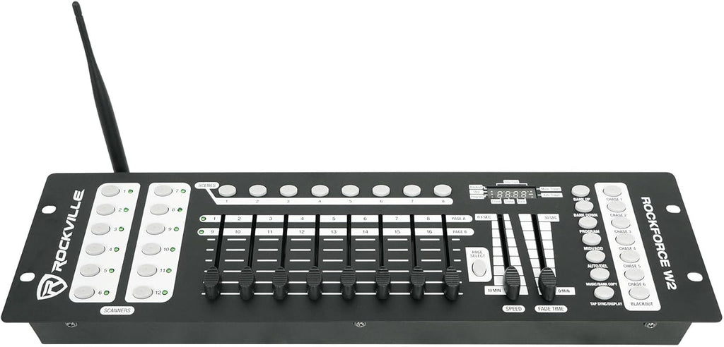 Rockville ROCKFORCE W2 192-Channel Wireless 2.4GHz DMX Lighting Controller, Built-In Transmitter, Music Triggering, Programmable Scenes, for DJs and Stage Lighting