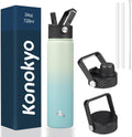 Insulated Water Bottle 24oz Stainless Steel Sport Bottles with 3 Lids,Mint