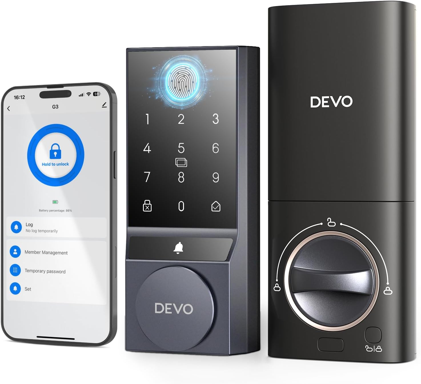 Devo G3 Fingerprint Smart Door Lock, Keyless Entry Door Lock, App Control, Smart Locks for Front Door, Smart Deadbolt Lock, Built-in Wi-Fi, Touchscreen Keypad, 8 Months Battery, IP54 Waterproof