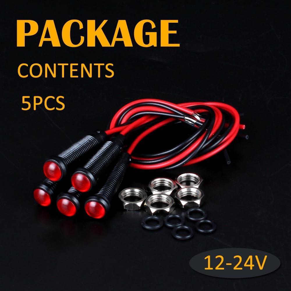 5pcs 6mm LED Indicator Light Plastic Black Signal Dot Lamp 12V-24V 1/4" Mounting Hole Size with 15cm/5.9in. Wire (Red LED)