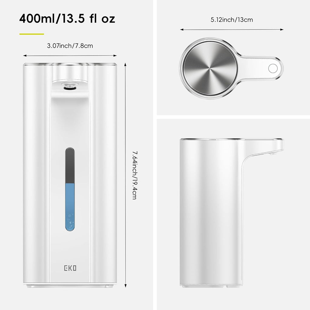 EKO Aroma Pro 13.5 fl oz Touchless Automatic Liquid Soap Dispenser, Rechargeable Electric Hand & Dish Soap Dispenser for Bathroom and Kitchen, IPX7 Waterproof, Adjustable Volume Control (White)