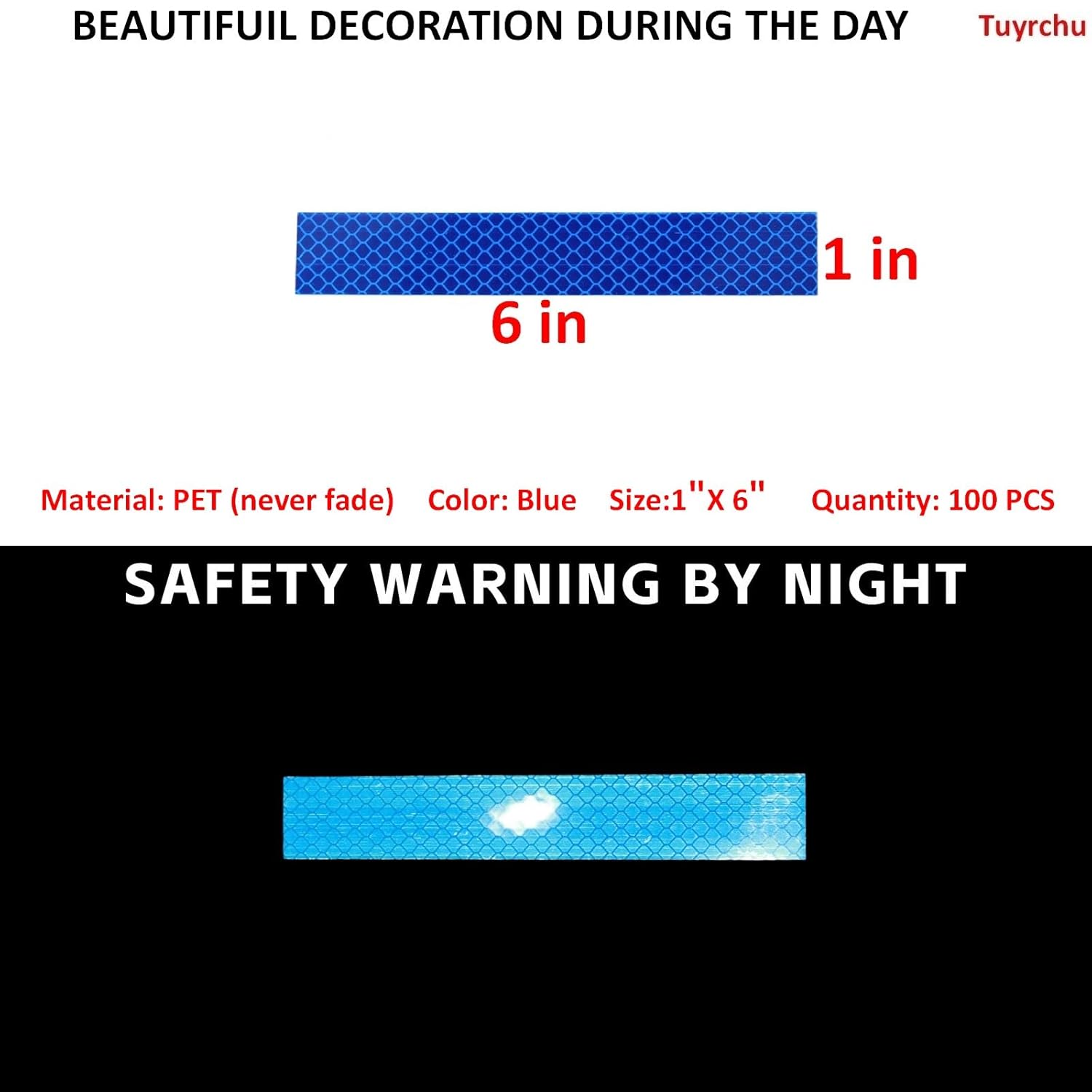 Non Fading Blue Reflective Stickers 1 inch X 6 inch, Outdoor Waterproof High Visibility Warning Safety Adhesive Reflector Tape (100 Pcs)