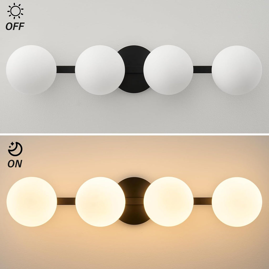 Bathroom Vanity Mirror Light Fixtures: 4 Lights Bath Wall Sconce Lighting - Black Vanity Lights with Milk Glass Shade - Modern Minimalist Makeup Light Fixture above Mirror for Hallway Bedroom E26 Base