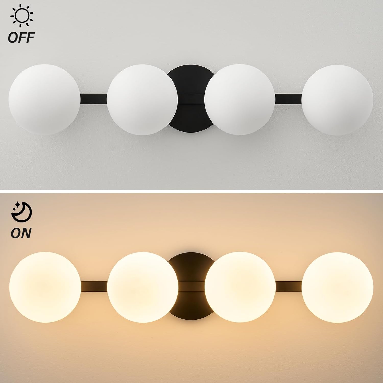 Bathroom Vanity Mirror Light Fixtures: 4 Lights Bath Wall Sconce Lighting - Black Vanity Lights with Milk Glass Shade - Modern Minimalist Makeup Light Fixture above Mirror for Hallway Bedroom E26 Base